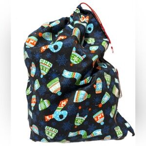 Festive Blue Drawstring Reusable Gift Bag with Colorful Winter Hat Print